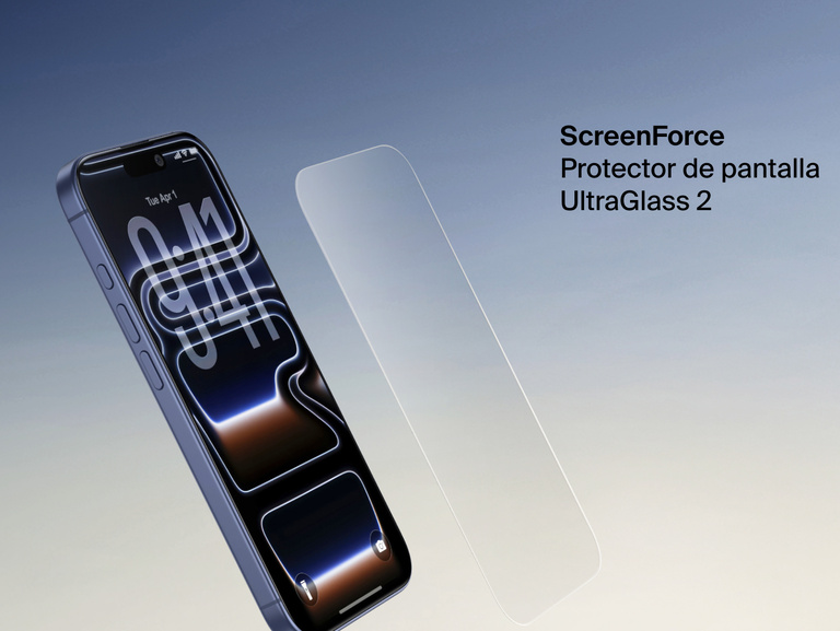 Belkin ScreenForce UltraGlass 2 Screen Protector shown next to an iPhone for durable, edge-to-edge screen protection.