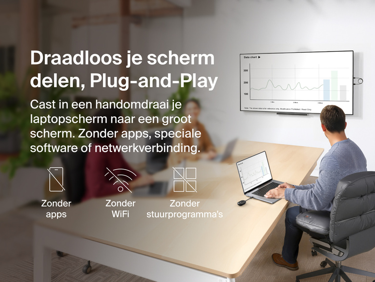 Afbeelding van de Belkin ConnectAir draadloze HDMI-adapter die Plug-and-Play-casting mogelijk maakt vanaf laptops naar een wanddisplay zonder apps, WiFi of stuurprogramma&rsquo;s.