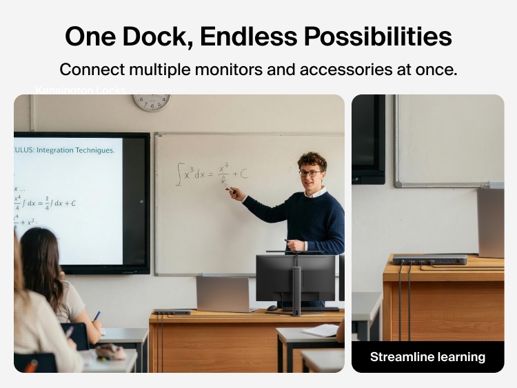 A Thunderbolt 4 dock connected to multiple monitors and devices, shown in both a classroom teaching setup and a desk workspace, illustrating support for multi-display connectivity and streamlined learning.