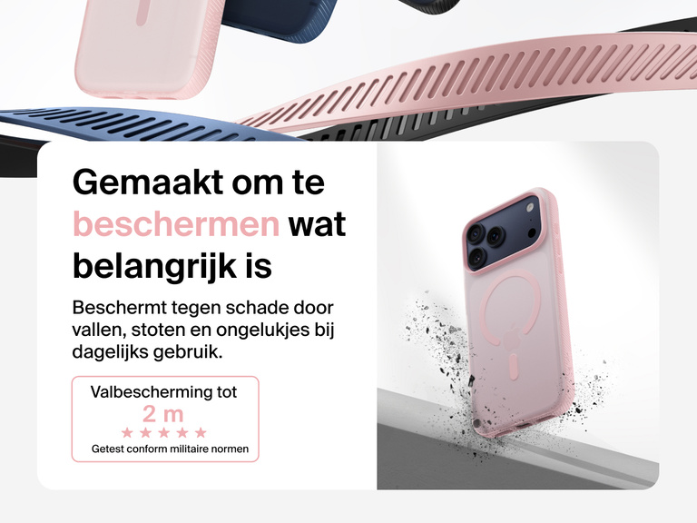 Belkin SheerForce Grip Series Case for iPhone 17 shown with textured grip and impact protection against drops.