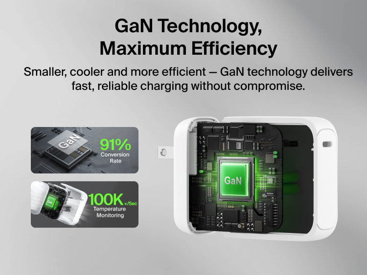 BoostCharge USB-C GaN Wall Charger 100W internal component graphic highlighting GaN technology, efficient power conversion, and advanced temperature monitoring for reliable fast charging
