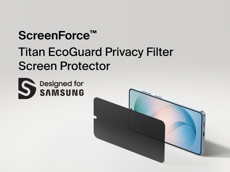 Belkin ScreenForce Titan EcoGuard Privacy Filter Screen Protector for Samsung Galaxy S26 shown aligned to a smartphone display, helping shield on-screen content from side views while protecting against scratches and everyday wear.