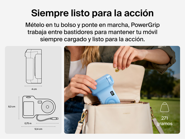 Person placing the Belkin Stage PowerGrip portable magnetic wireless charger into a handbag, shown with product dimensions and lightweight design for easy travel.