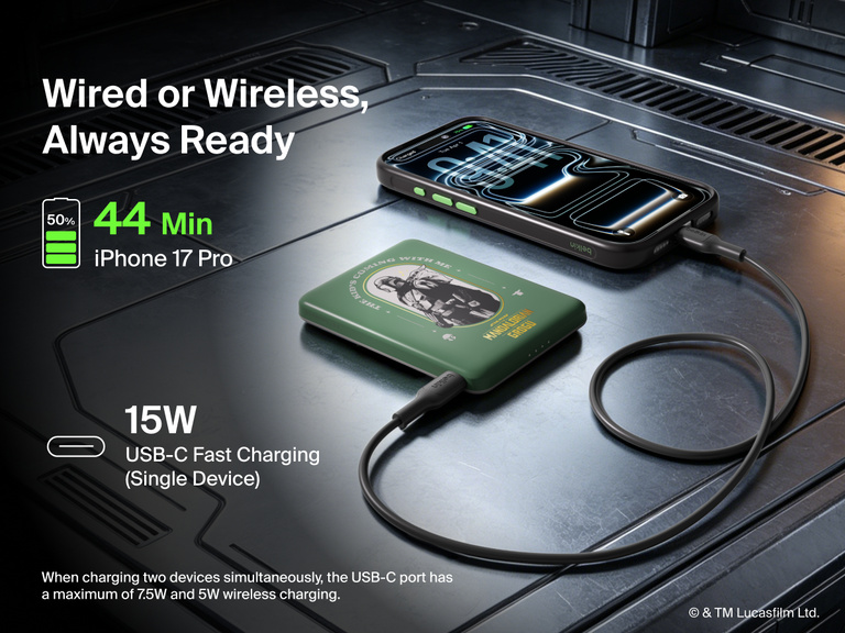 Belkin BoostCharge Slim Magnetic Power Bank 5K shown charging a smartphone via USB-C, highlighting 15W fast charging and dual wired or magnetic wireless power capability.