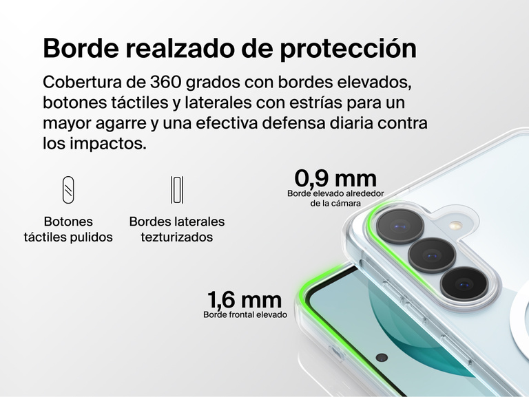 Belkin SheerForce Clear Series Case for Samsung Galaxy S26 shown with elevated edge protection, featuring raised front and camera edges, tactile buttons, and grooved sides for enhanced grip and impact protection.