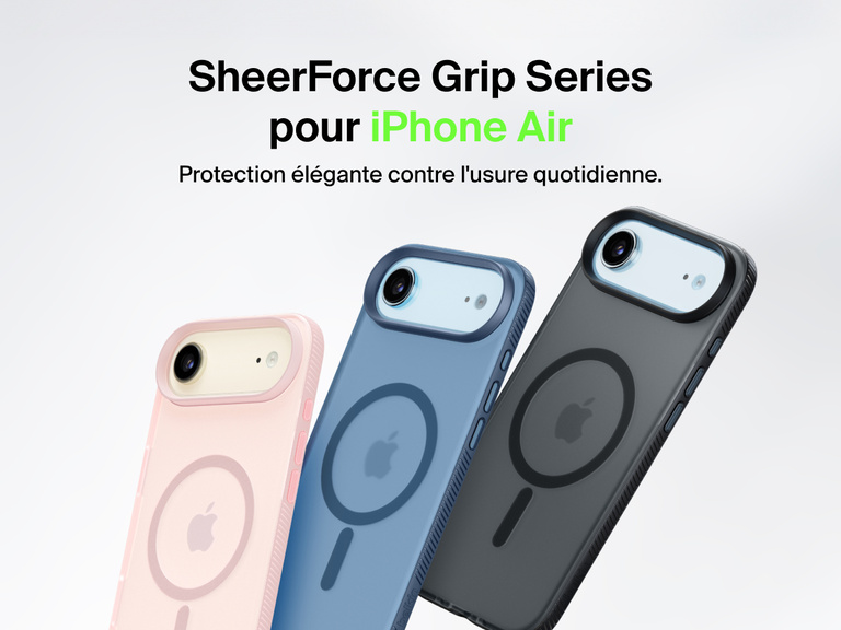 Belkin SheerForce Grip Series protective case for iPhone 17 shown in pink, clear, and black with slim design and MagSafe compatibility.