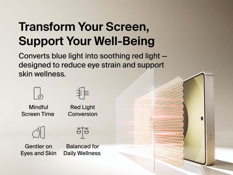 Belkin ScreenForce Titan EcoGuard Red Light Screen Protector for Samsung Galaxy S26 shown converting blue light into red light to support eye comfort, mindful screen time, and everyday screen wellness.