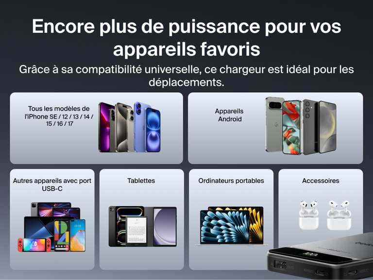 Image de la batterie externe Belkin&nbsp;UltraCharge&nbsp;Pro 10K avec BoostSolid&nbsp;Cell et de sa compatibilit&eacute; avec la recharge universelle des iPhone, appareils Android, tablettes, ordinateurs portables et accessoires USB-C.