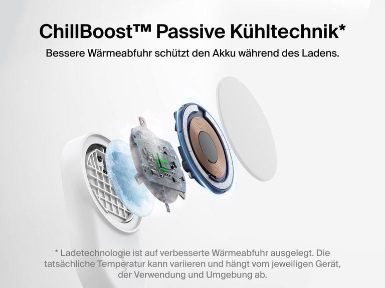 Die Belkin UltraCharge faltbare magnetische 3-in-1-Ladestation mit Qi2 25W zeichnet sich durch die passive Kühltechnik ChillBoost™ aus, die für eine verbesserte Wärmeabfuhr sorgt und den Akku schont.