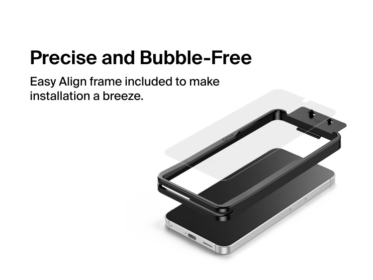 Belkin ScreenForce Titan EcoGuard Anti-Reflective Screen Protector for Samsung Galaxy S26 shown with Easy Align installation frame for precise, bubble-free application and a clean, seamless fit.