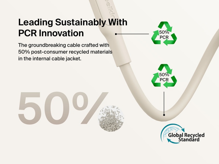Belkin BoostCharge USB-C Cable with Lightning Connector features a sustainable design made with 50% post-consumer recycled materials, certified by the Global Recycled Standard.