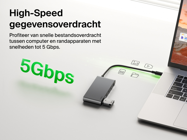 Belkin Connect 5-Port USB-C Hub with Dual USB-C Ports enables high-speed data transfer up to 5Gbps between laptop and connected devices.