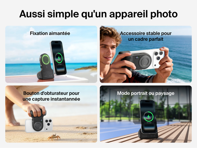 Belkin Stage PowerGrip shown in various scenes demonstrating magnetic snap-on attachment, stable camera-like grip, one-touch shutter, and easy portrait or landscape phone positioning.