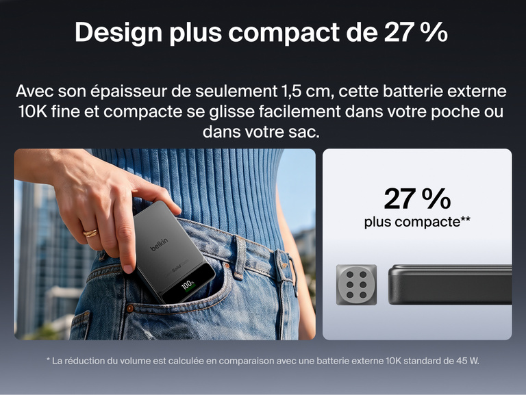 Image de la batterie externe Belkin&nbsp;UltraCharge&nbsp;Pro&nbsp;10K avec BoostSolid&nbsp;Cell gliss&eacute;e dans la poche d'un jean, pour mettre en avant son design 27&nbsp;% plus fin et compact.
