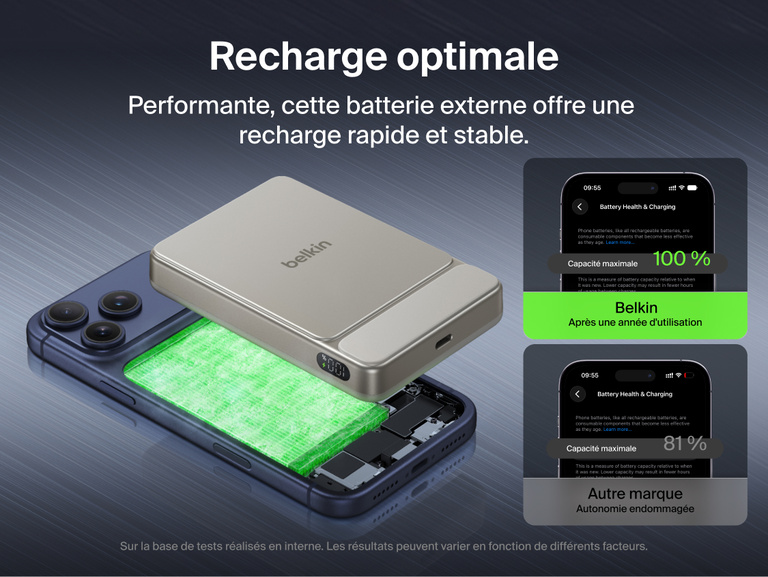 Belkin UltraCharge Slim Magnetic Power Bank 10K highlighting dual chip system, advanced temperature sensors, and real-time monitoring for enhanced charging safety and protection