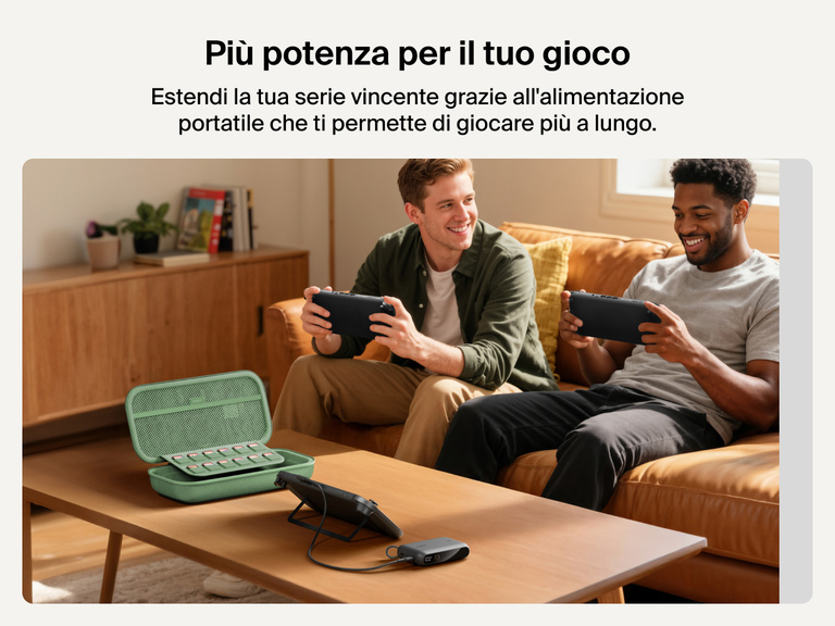 Two men gaming on Nintendo Switch 2 consoles while the Belkin Gaming Charging Case powers a device on the coffee table, showcasing extended playtime with built-in game card storage and charging.