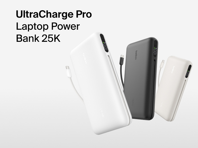 Belkin UltraCharge Pro Laptop Power Bank 25K with integrated cable and digital display, high-capacity portable charger for laptops and devices
