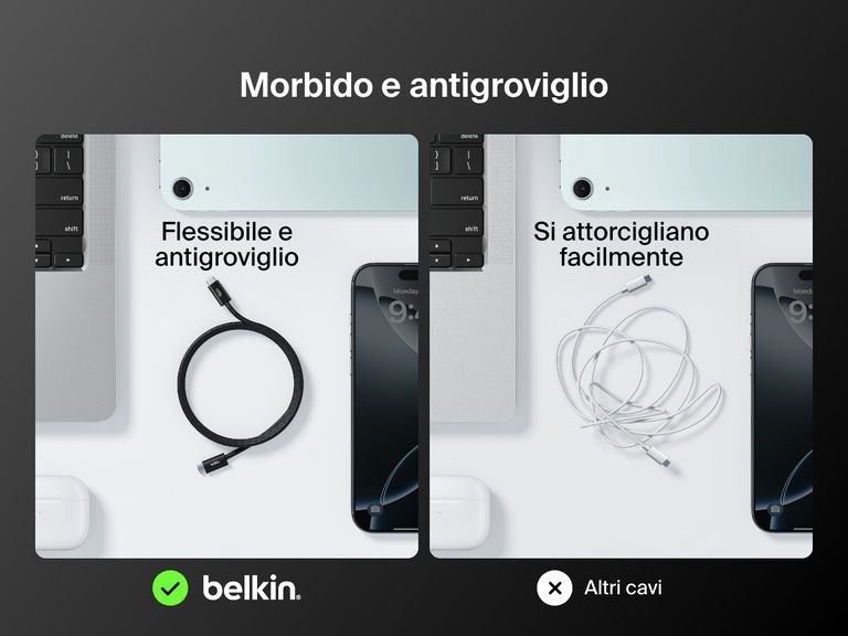Confronto affiancato che mostra la flessibilità e la resistenza ai grovigli del cavo USB-C con connettore Lightning Belkin BoostCharge, che supera grandemente le prestazioni dei cavi standard che si attorcigliano facilmente.