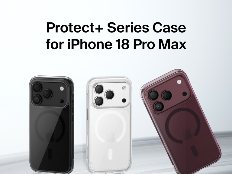 Belkin Protect+ Series Case for iPhone 18 shown on three phones with a protective design and integrated magnetic wireless charging ring.
