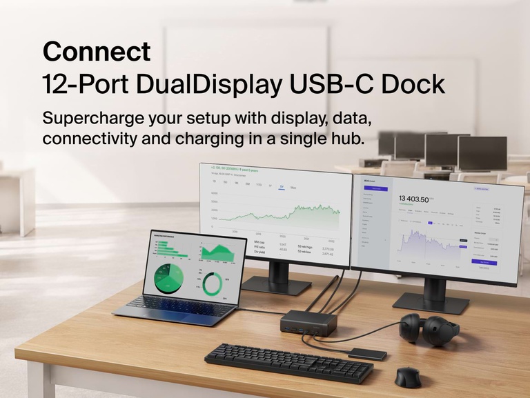 Connect 12-Port Dual Display USB-C Dock connected to a laptop and two monitors on a desk, supporting display, data, connectivity, and charging in a single hub