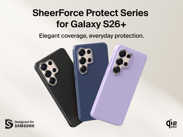 Belkin SheerForce Protect Series Case for Samsung Galaxy S26 shown on device, offering slim, durable everyday protection with a precision fit designed for Samsung compatibility.