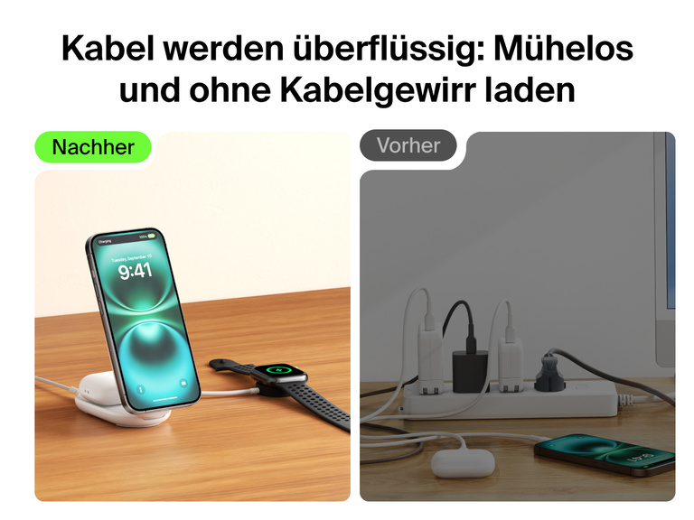 Die Belkin UltraCharge faltbare magnetische 2-in-1-Ladestation mit Qi2 25W bietet eine ordentliche, stylische Alternative zu Kabelgewirr, da sie iPhone, AirPods und Apple Watch ohne Kabel auflädt.