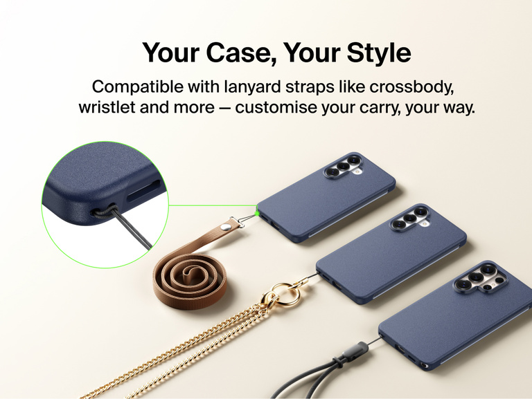 Belkin SheerForce Protect Series Case for Samsung Galaxy S26 shown compatible with lanyard straps, allowing customizable carry options like crossbody or wristlet for everyday use.