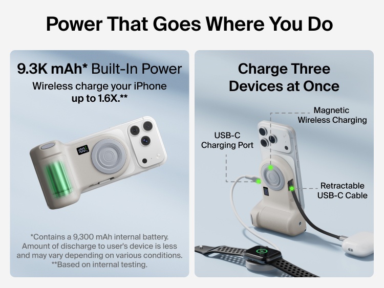 Belkin Stage PowerGrip compatibility chart showing support for iPhone 12 and later, Google Pixel 10 and later, USB-C devices like AirPods and Galaxy, and tripods with 1/4-inch mounts.