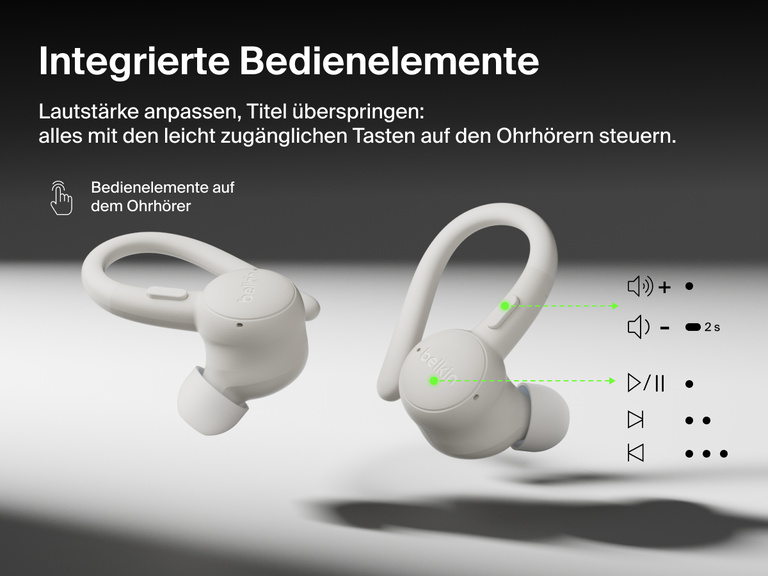 Belkin SoundForm ActiveFit Wireless Earbuds with secure ear hooks and built-in on-ear button controls for volume, track skipping, and playback.