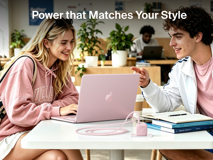 Two students using a MacBook Neo with the Belkin BoostCharge Compact USB-C Charger 30W and braided USB-C cable at a table.