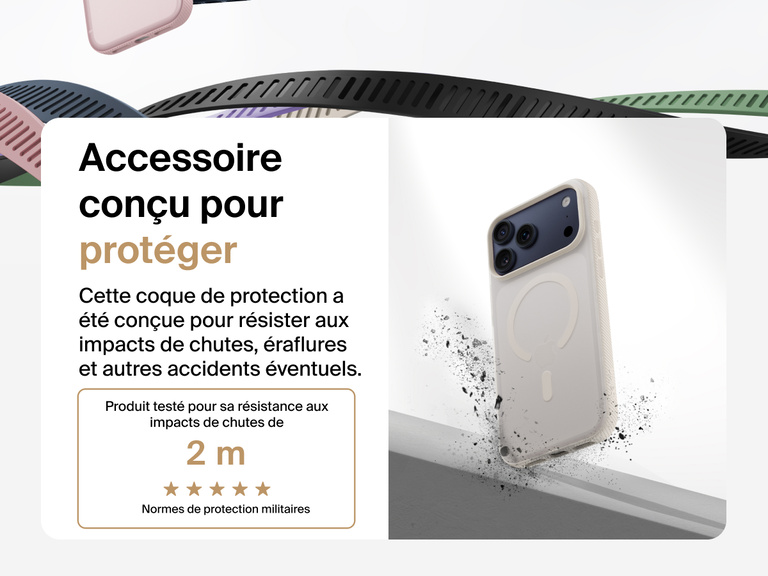 Belkin SheerForce Grip Series Case for iPhone 17 shown with textured grip and impact protection against drops.