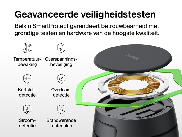 De Belkin UltraCharge Pro 2-in-1 verstelbare magnetische lader met Qi2 25W en Belkin SmartProtect biedt veiligheidsfuncties als temperatuurbewaking, overspanningsbeveiliging en beveiliging tegen kortsluiting en overladen en is gemaakt met brandwerende materialen.