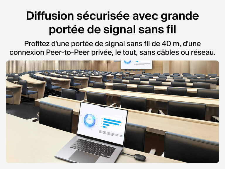 Image de l'adaptateur HDMI sans fil Belkin ConnectAir diffusant en toute s&eacute;curit&eacute; le contenu de l'&eacute;cran d'un ordinateur portable tr&egrave;s &eacute;loign&eacute;, dans un grand amphith&eacute;&acirc;tre.