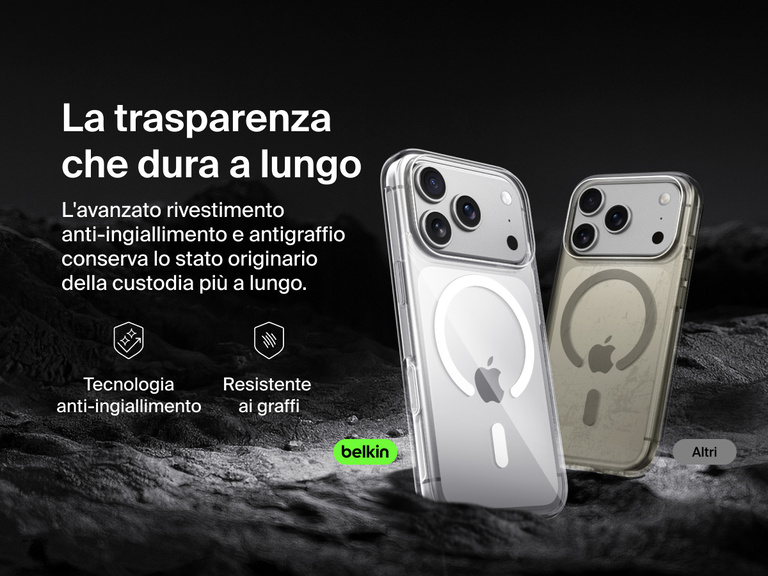 Belkin SheerForce Clear Series Case for iPhone 17 with anti-yellowing and scratch-resistant technology compared to discolored generic case.