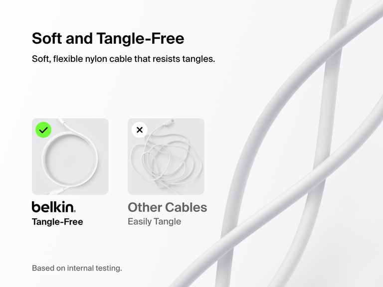 Side-by-side comparison showing the Belkin BoostCharge USB-C to USB-C Cable 240W as flexible and tangle-resistant versus standard cables that tangle easily.