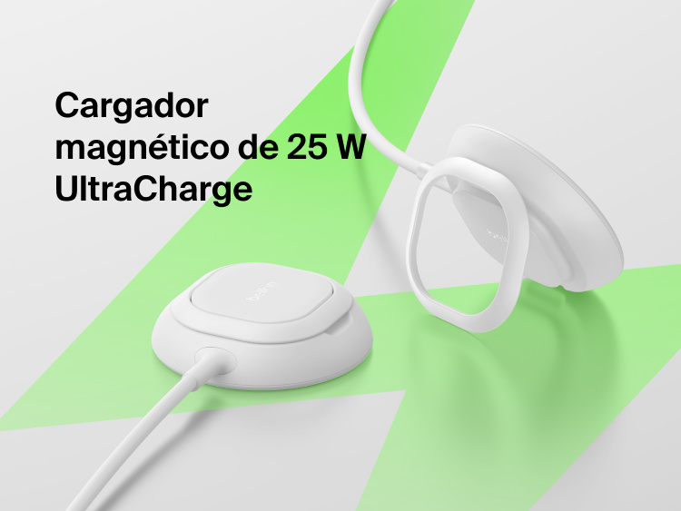 Se muestra como el elegante dise&ntilde;o del cargador magn&eacute;tico con Qi2 de 25 W Belkin UltraCharge le permite funcionar tanto como una base horizontal o un soporte vertical, proporcionando en ambos casos una carga inal&aacute;mbrica r&aacute;pida y segura.