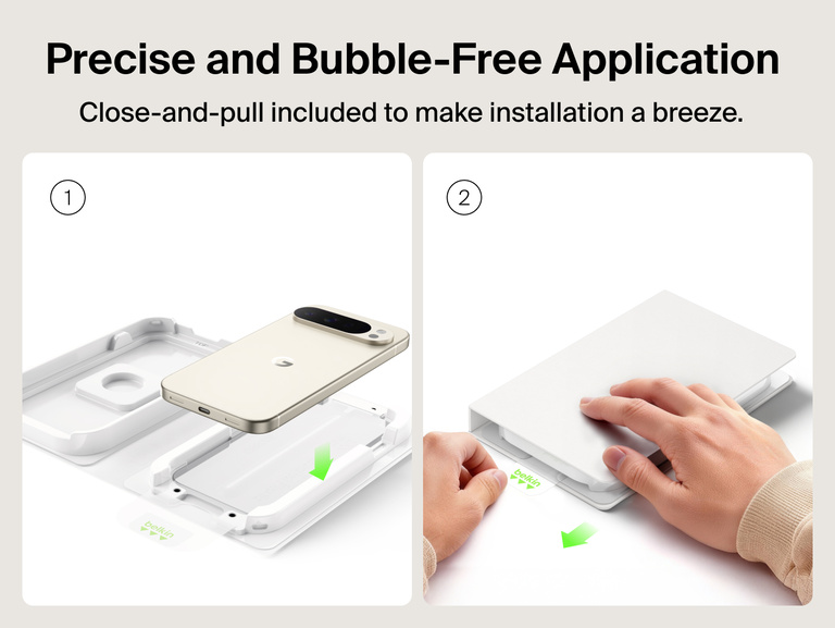 Belkin Titan SmartShield Anti-Reflective Screen Protector for Google Pixel 11 with close-and-pull installation for precise, bubble-free application.