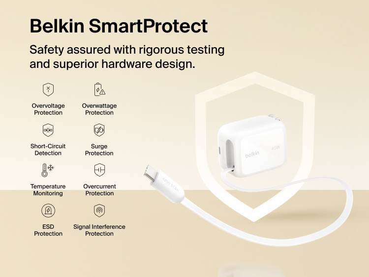 Belkin UltraCharge 45W retractable GaN wall charger with SmartProtect safety features including overvoltage, surge, temperature, and short-circuit protection