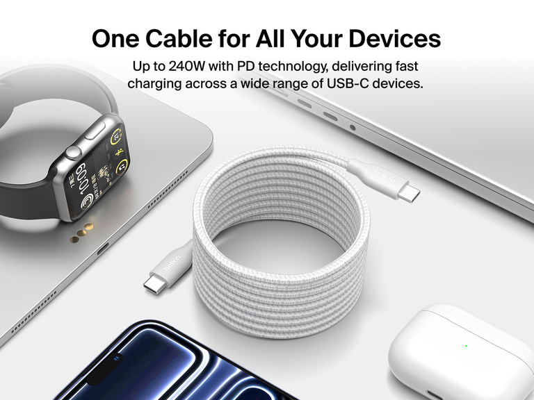 Belkin BoostCharge Pro Magnetic USB-C Cable 240W shown with multiple USB-C devices, providing up to 240W Power Delivery fast charging for phones, laptops, and accessories.