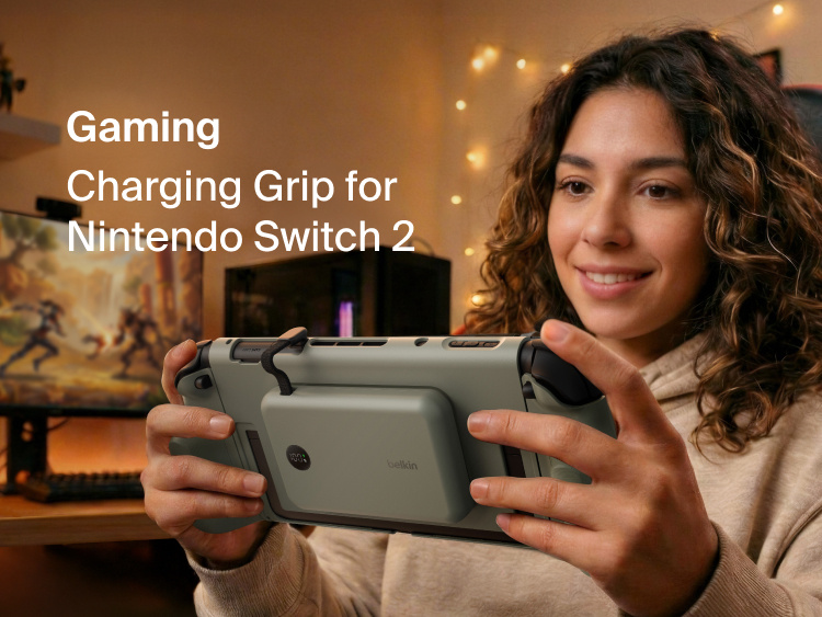 Belkin Gaming Charging Grip for Nintendo Switch 2 with magnetic power bank attachment, ergonomic grips, LED battery display, dock compatibility, and detachable Joy-Con support.
