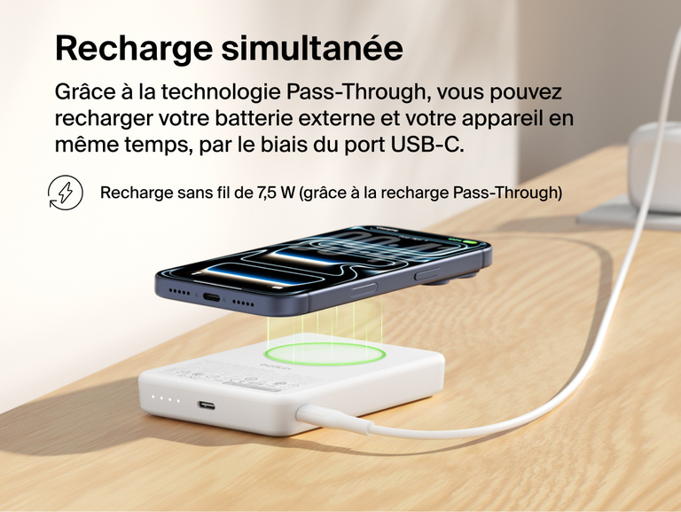 Belkin BoostCharge Slim Magnetic Power Bank 10K demonstrating pass-through charging with a smartphone wirelessly charging at 7.5W while the power bank recharges via USB-C