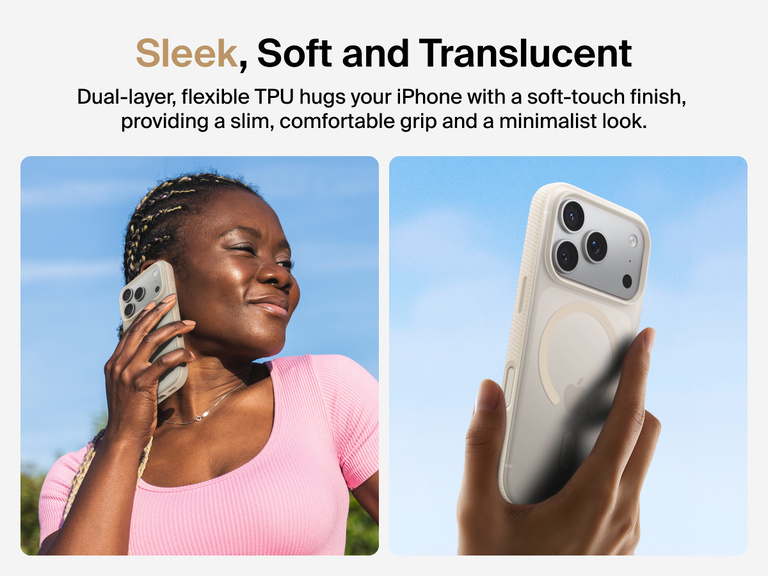 Belkin SheerForce Grip Series Case for iPhone 17 with slim translucent design and soft-touch finish for a comfortable grip.