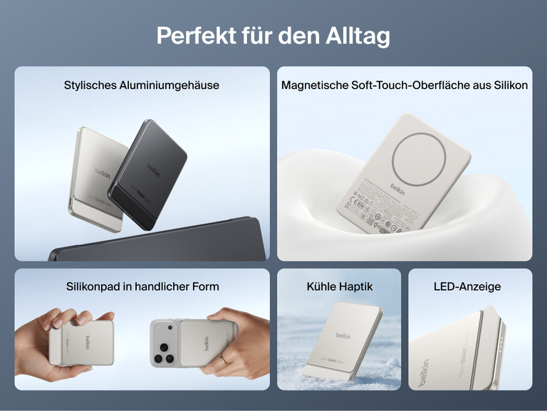 Die Belkin UltraCharge Pro schlanke magnetische Powerbank 5K mit BoostSolid-Zelle wird mit Aluminiumgeh&auml;use, Silikonpad in handlicher Form, LED-Anzeige und k&uuml;hler magnetischer Soft-Touch-Oberfl&auml;che gezeigt.