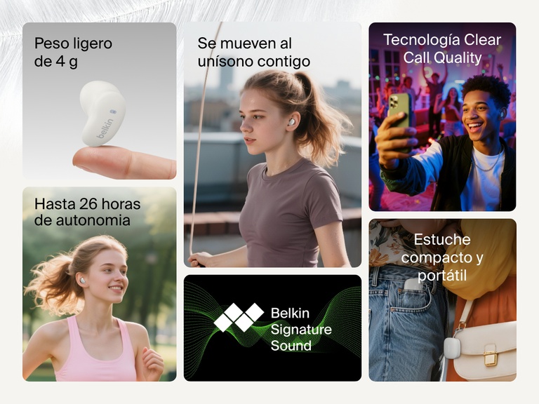 Belkin SoundForm Anywhere Wireless Earbuds shown with lightweight 4g design, up to 26h battery life, clear call quality, pocket-perfect case, and Belkin Signature Sound.