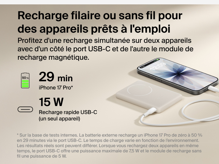 Belkin BoostCharge Slim Magnetic Power Bank 5K with Qi2 shown delivering wired USB-C fast charging and wireless charging for reliable, on-the-go power in a compact portable design.