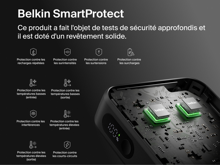 Belkin UltraCharge 10K power bank with integrated USB-C cable and digital display featuring SmartProtect safety system with multiple protection layers for reliable charging