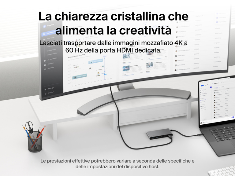 Belkin Connect 7-Port USB-C Hub with Dual USB-C Ports connected to a laptop and monitor delivering 4K@60Hz visuals via HDMI.