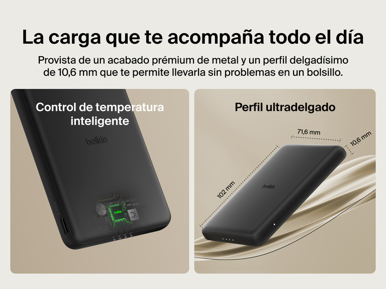 Belkin BoostCharge Slim Magnetic Power Bank 5K shown with smart thermal control and ultra-slim 0.5-inch profile designed for portable, pocket-friendly charging.