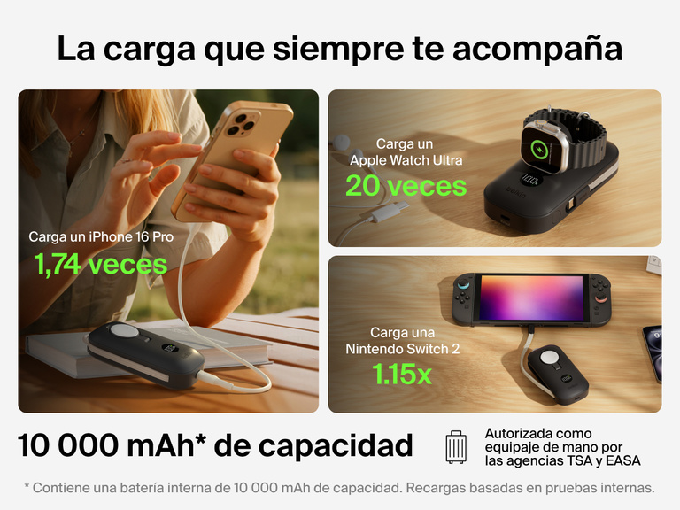 La bater&iacute;a externa de 10 000 mAh con cargador de Apple Watch Belkin BoostCharge Pro cuenta con capacidad suficiente para recargar un iPhone 16 Pro, Apple Watch Ultra y Nintendo Switch 2 sobre la marcha en cualquier lugar. Adem&aacute;s, ha sido autorizada por las agencias de seguridad a&eacute;rea TSA y EASA para llevar como equipaje de mano en los aviones.