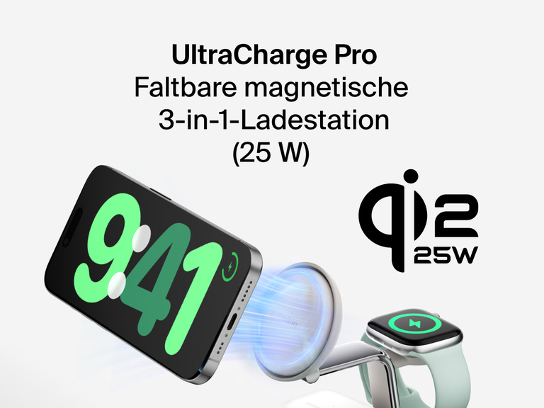 Die Belkin UltraCharge Pro magnetische 3-in-1-Ladestation mit Qi2 25W lädt iPhone, Apple Watch und AirPods gleichzeitig schnell auf.